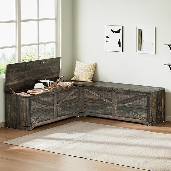 DWVO L-Shaped Storage Bench, 18" High Corner Dining Bench with Storage, Wooden Nook Storage Chest for Living Room, Bedroom
