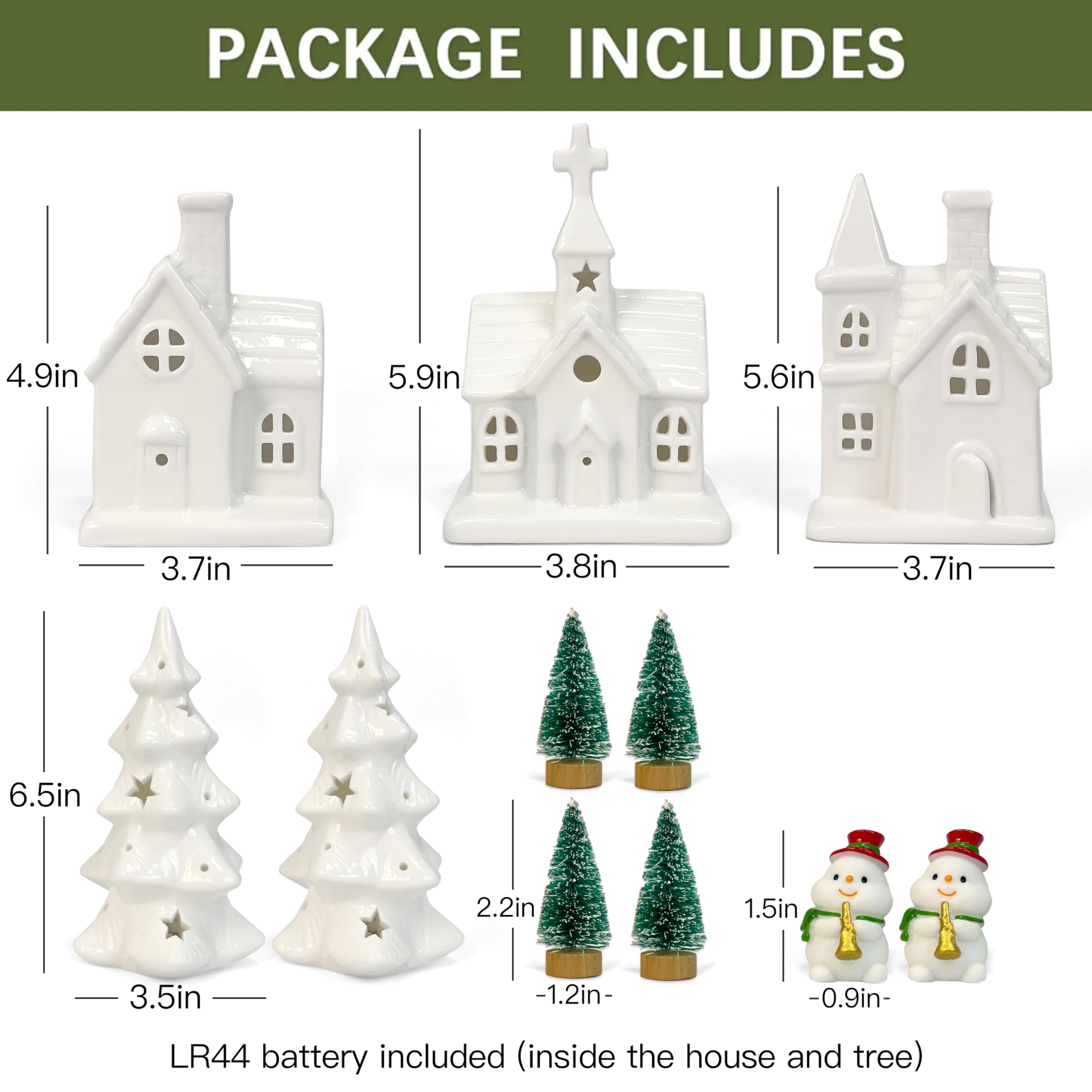 Weihnachtsdorf aus Keramik, Weiß, 11 Stück, inklusive 3 beleuchteten Porzellanhäusern, 2 LED-Weihnachtsbäumen, 4 Mini-Bäumen und 2 Schneemann-Figuren – LED-Urlaubs-Tischdekoration für den Winter