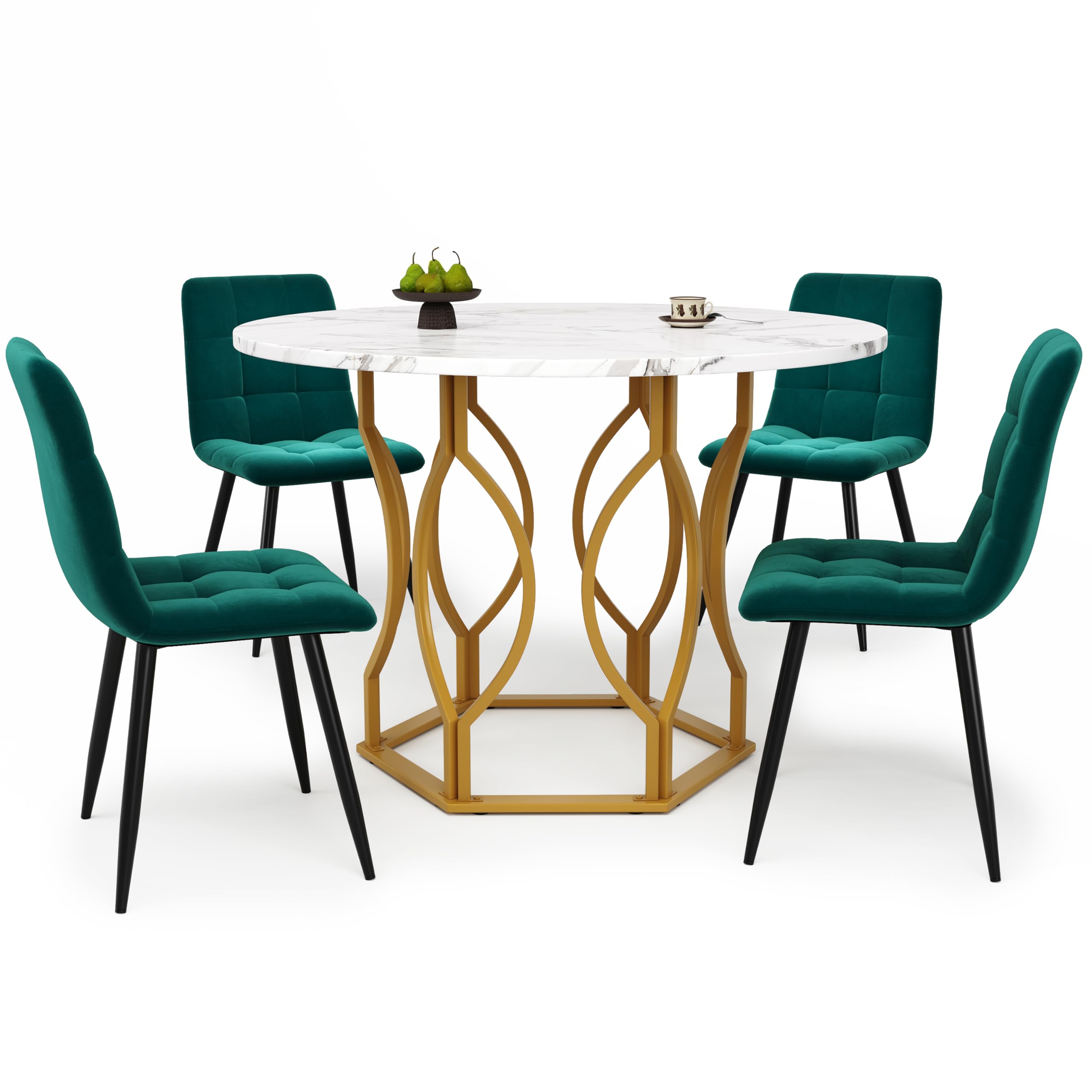 Essgruppe Esstisch mit 4 Stühlen Set für 4 Personen, Esstisch Rund 100x100x76 cm mit Goldenen Metallbeinen und 4 Grün Samt Esszimmerstühle, Weiße Tischplatte, Esszimmermöbel, Küchenmöbel