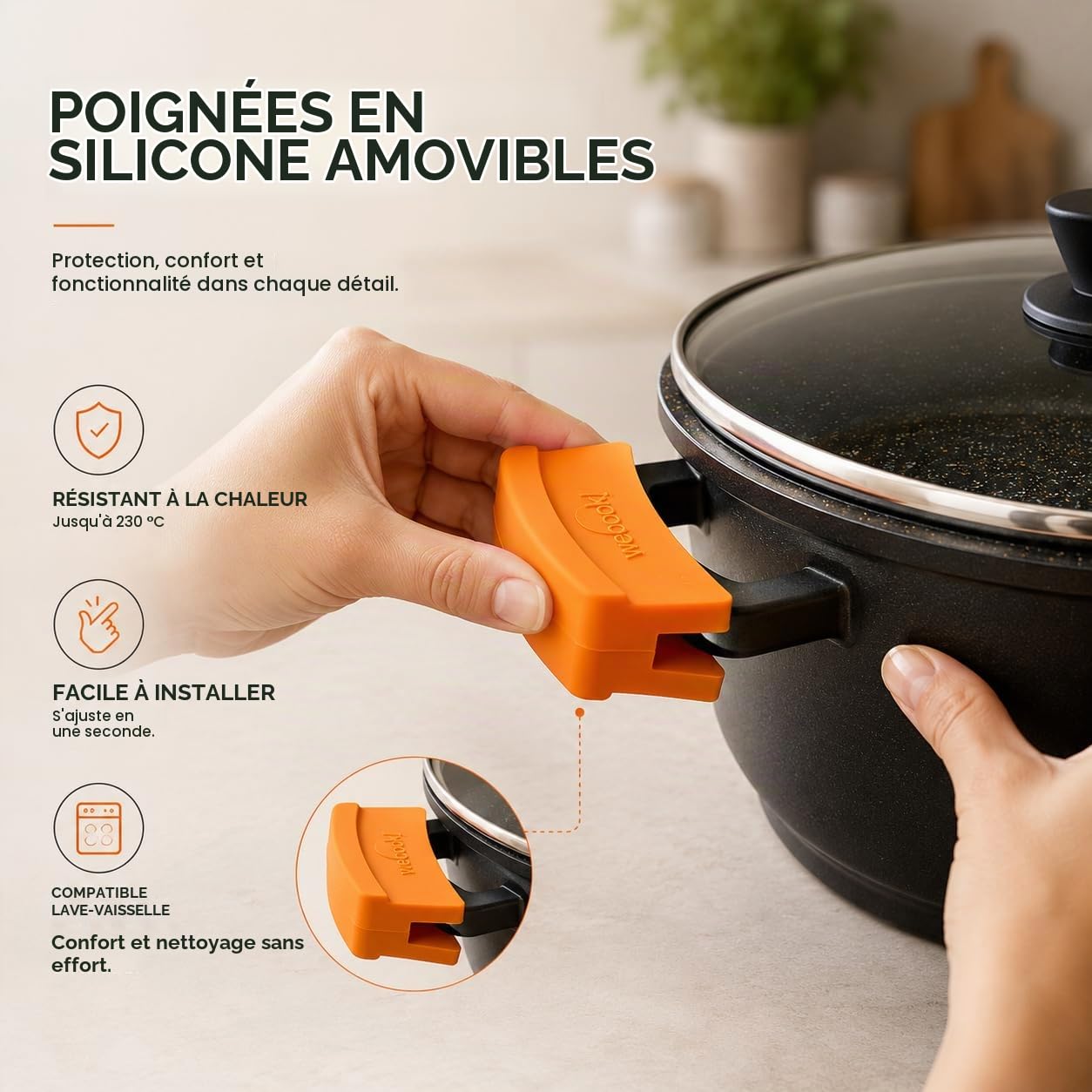 WECOOK! Ecochef Casserole Profonde, Induction, Couvercle en Verre 24cm, Antiadhésive QUANTANIUM Écologique sans PFOA, Fonte d'Aluminium, Épaisseur 5mm, Poignées en Silicone, Vitrocéramique, Four