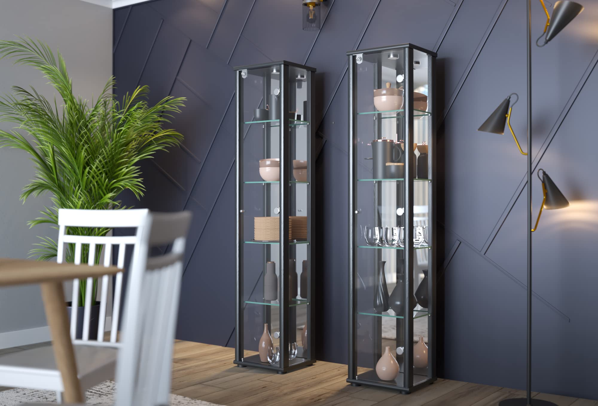 Vetrina in vetro nero (176x37x33cm) con 4 ripiani in vetro regolabili in altezza, specchio, serratura, LED - Vetrina per automodelli nera - Vetrina nera - Vetrina per collezionisti