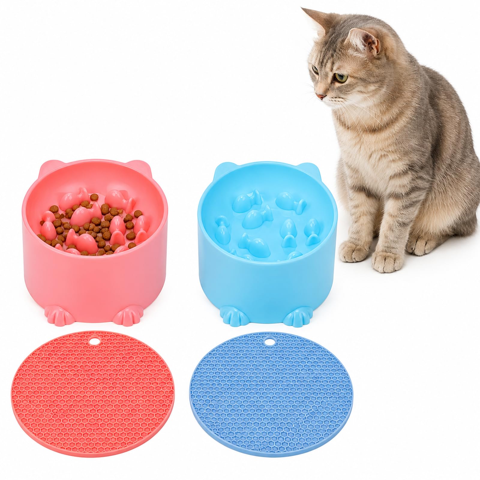 Slow Feeder Cat Bowl, 2 Pcs Raised Cat Bowls with Anti-Skid Mat