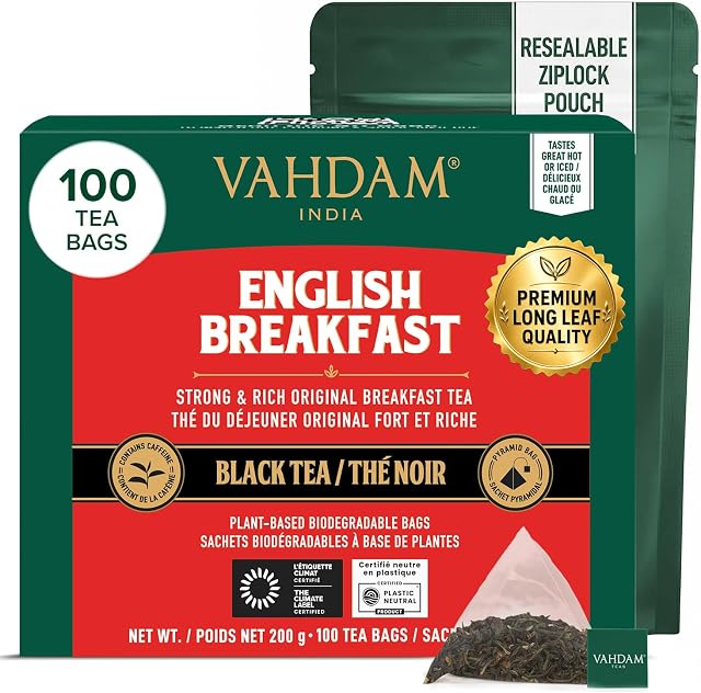 VAHDAM, English Breakfast Black Tea Bags (100 Count) High Caffeine | Strong, Robust & Flavoury | Pyramid Tea Bags | Full Bodied Black Tea Leaves