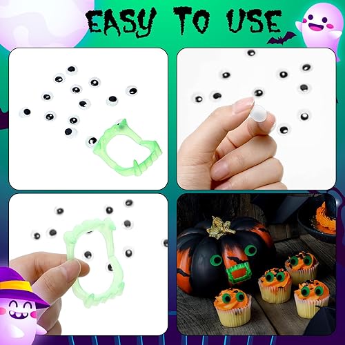 Miniatura 10 de Hungdao 50 colmillos de dientes de plástico de vampiro, colmillos falsos blancos de Halloween, máscara de hombre lobo, con 100 piezas de ojos de