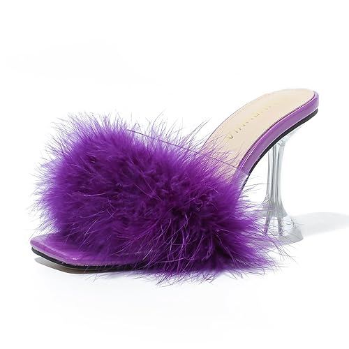 LIURUIJIA Women's Feather High Heeled Mules Slip On Sandals Square Toe Bridal Wedding Party Shoes Fuzzy Fluffy Sexy Clear Heels - 6.5 - Purple