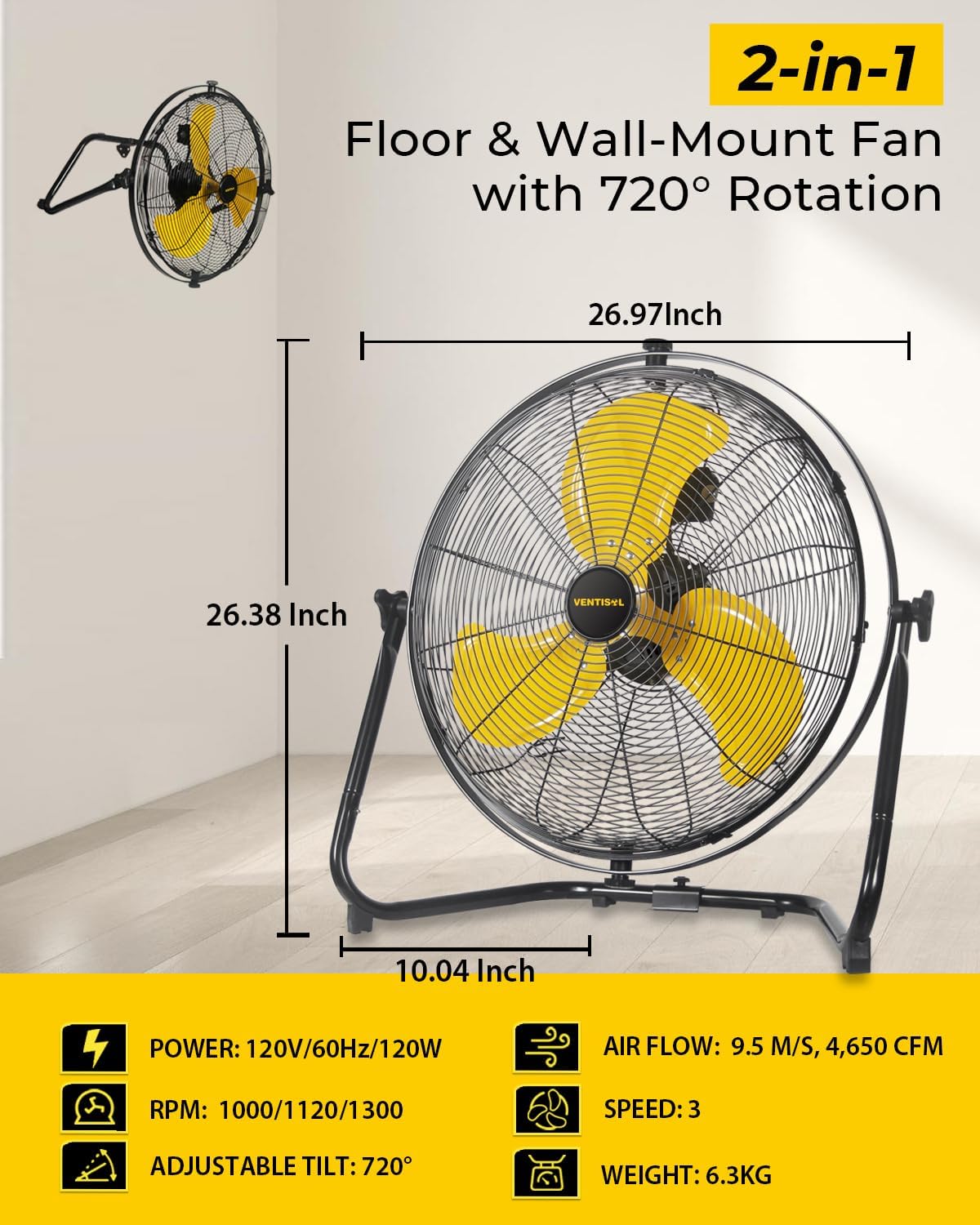 VENTISOL 20-inch fan showing dimensions and 2-in-1 floor/wall mount capability.