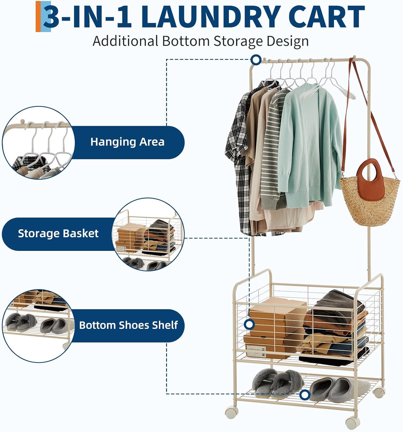 Laundry Cart with Wheels, Rolling Hamper Sorter Cart with Shelf, Laundry Basket with Hanging Rack, Laundry Organizer