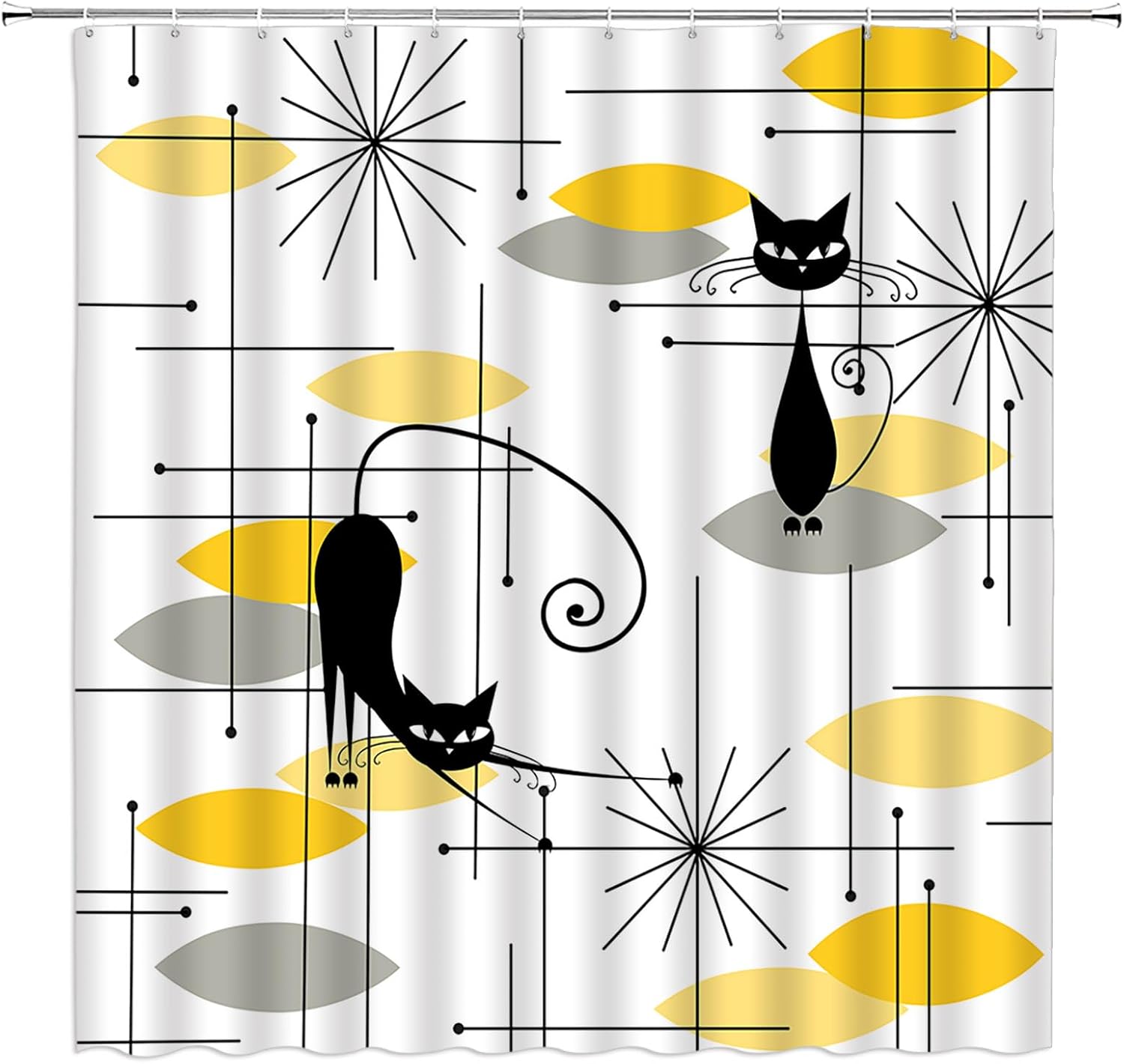 Mid Century Black Cat Shower Curtain Yellow Grey Modern Atomic Abstract Geometric Iconic Pattern Retro Black Kitty Animal 1950s 1971s Vintage Fabric Bathroom Curtain Set with Hook