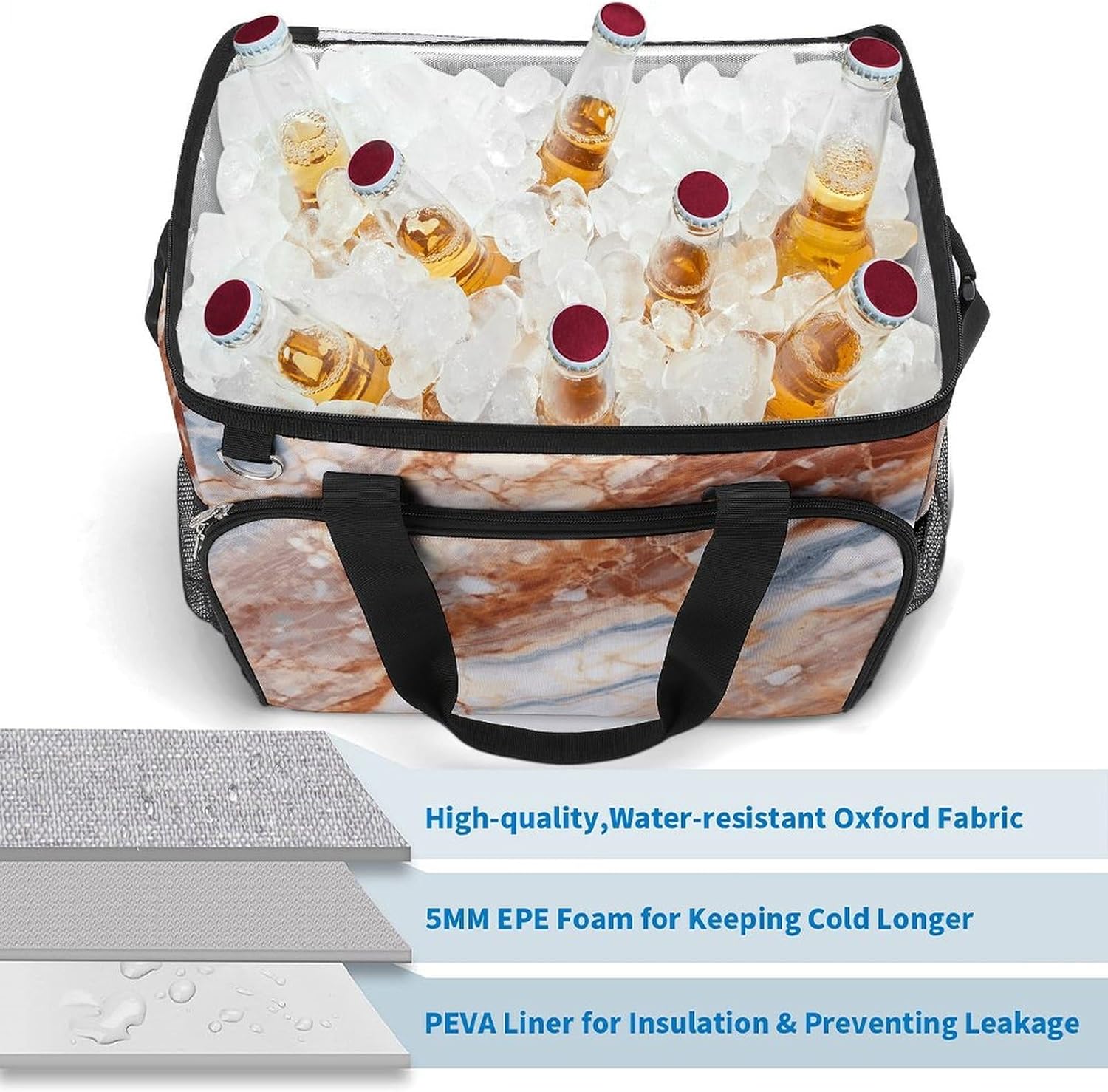 Insulated Picnic Backpack Tote Bag, Large Capacity 30L Marble Cooler Bag Leakproof Beach Bags Portable Lunch Box Waterproof Picnic Basket for Beach Camping BBQ