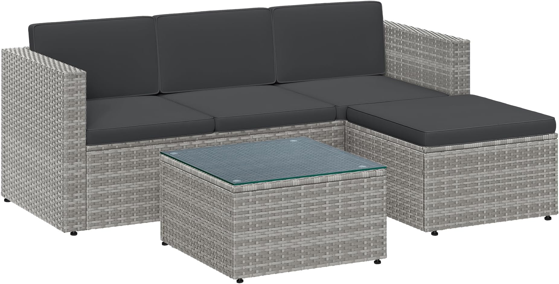 SONGMICS Garden Furniture Set, PE Rattan Patio Furniture Set, Outdoor Corner Sofa Couch, Handwoven Rattan Patio Conversation Set, with Cushions and Glass Table, Grey GGF005G55