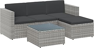 SONGMICS Gartenmöbel-Set, Balkonmöbel aus PE-Polyrattan, Terrassenmöbel, Ecksofa, Outdoor, handgeflochtenes Rattan, Lounge-Set, mit Kissen und Glastisch, Grau GGF005G05