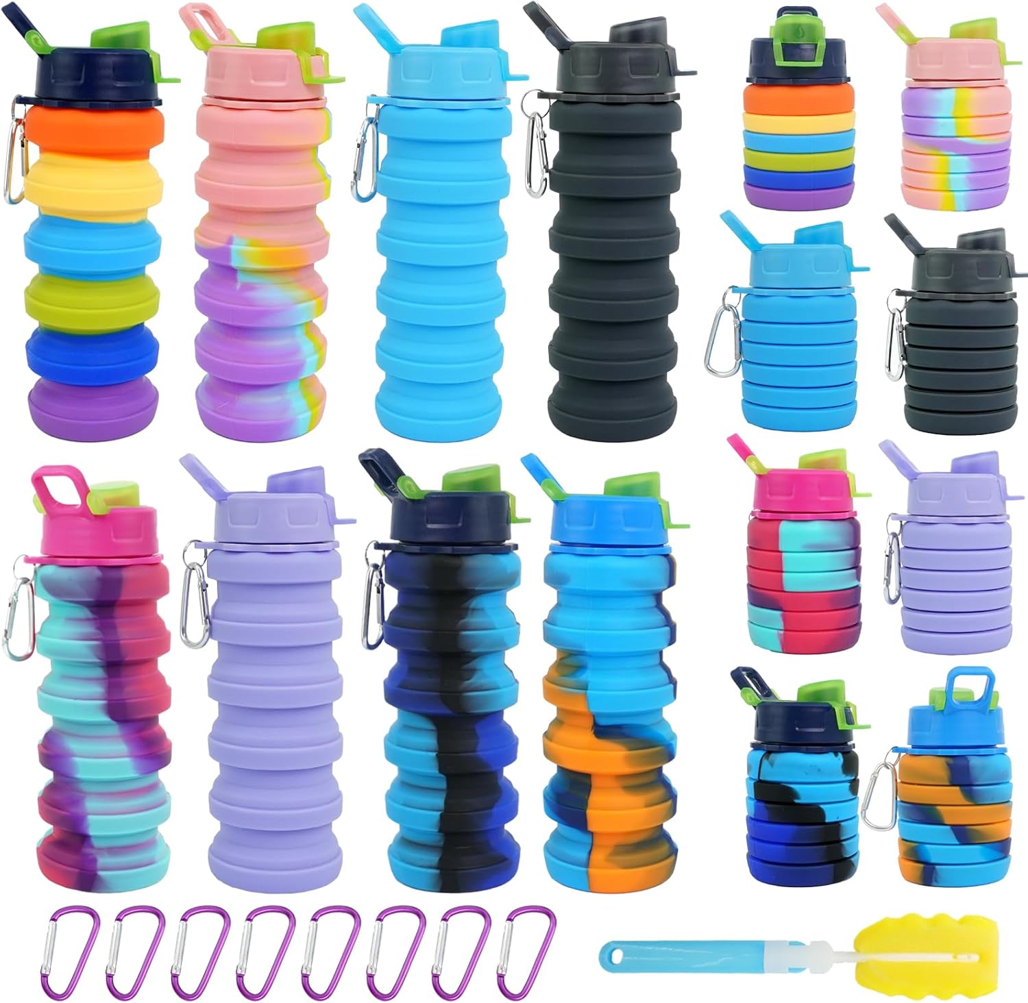8 Pcs Collapsible Water Bottles with Clip 16 oz Portable Reusable Leakproof Silicone Foldable Water Bottles for Travel Camping Cycling Hiking Gym Yoga Outdoor Sports