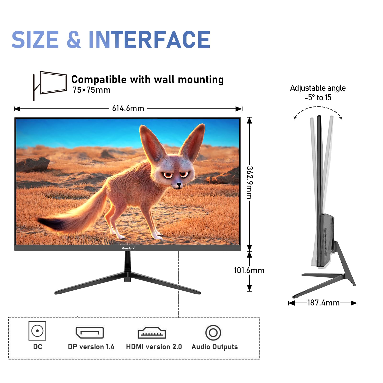 Gawfolk 27 inch IPS 2K QHD (2560×1440) Computer Monitor 75Hz Gaming PC Screen, 1ms，Adaptive Sync,100% sRGB, 1.07 Billion Colours,DisplayPort 1.4、 HDMI2.0, Built-in speaker- Black — view 6