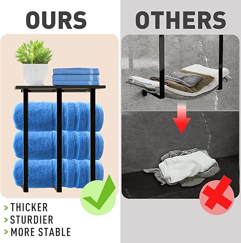 Miniatura 4 de Toallero montado en la pared con estante, hermoso almacenamiento para baño pequeño, organizador ordenado para toallas enrolladas, 3 barras de hierro