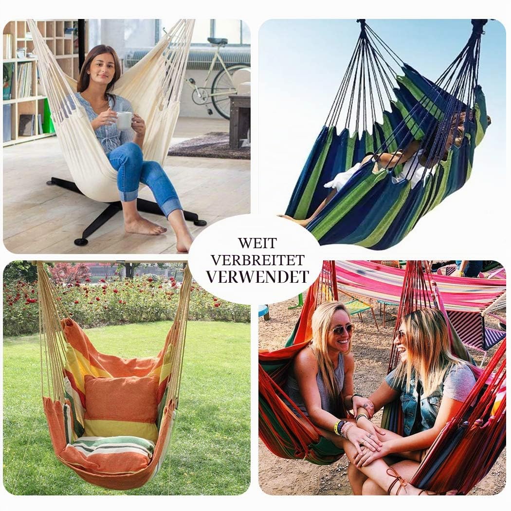 Hängematte, Stuhl, Hängeseil, Schaukelsitz für drinnen und draußen, stabiles Baumwollgewebe, Hängemattenschaukel, max. 136 kg, Hängesessel für Schlafzimmer, Terrasse, Veranda (Holzstange und Kissen