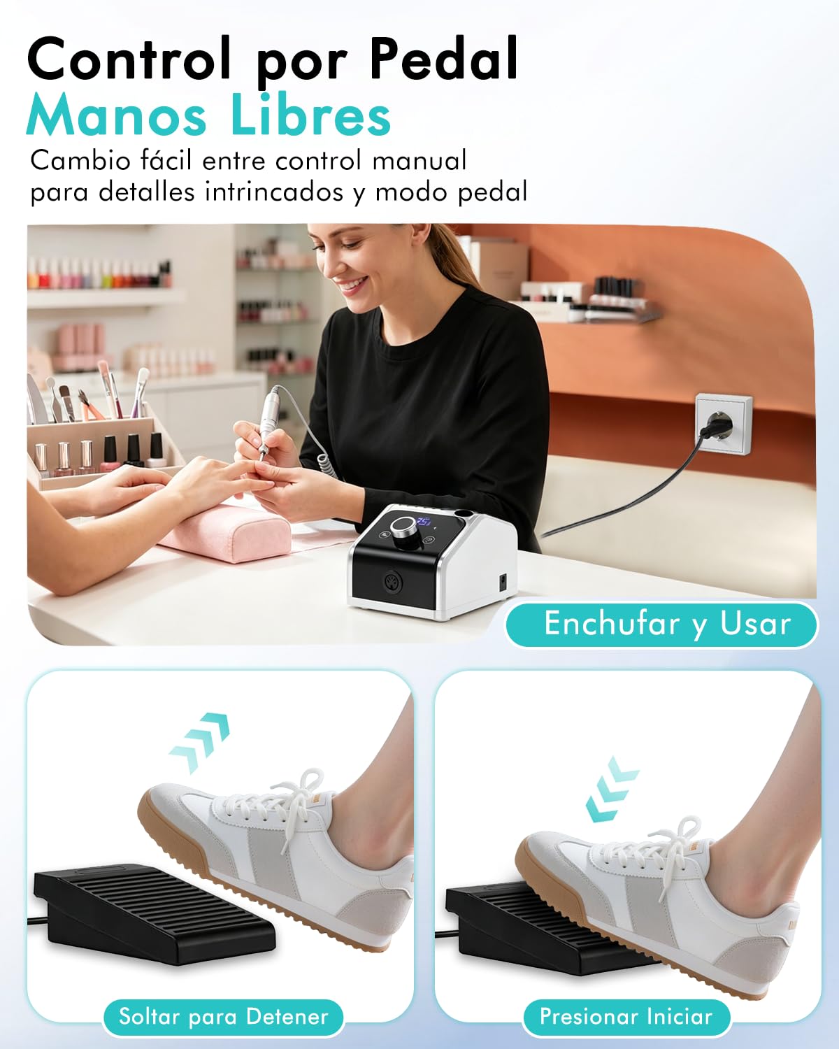 CozyZen Máquina de Taladro de Uñas Eléctrico Profesional, 35000 RPM con Pantalla LCD, Control Manual/De Pedal y Funcionamiento Silencioso, para Uñas Acrílicas/Gel - Uso en Hogar y Salón（Blanco）