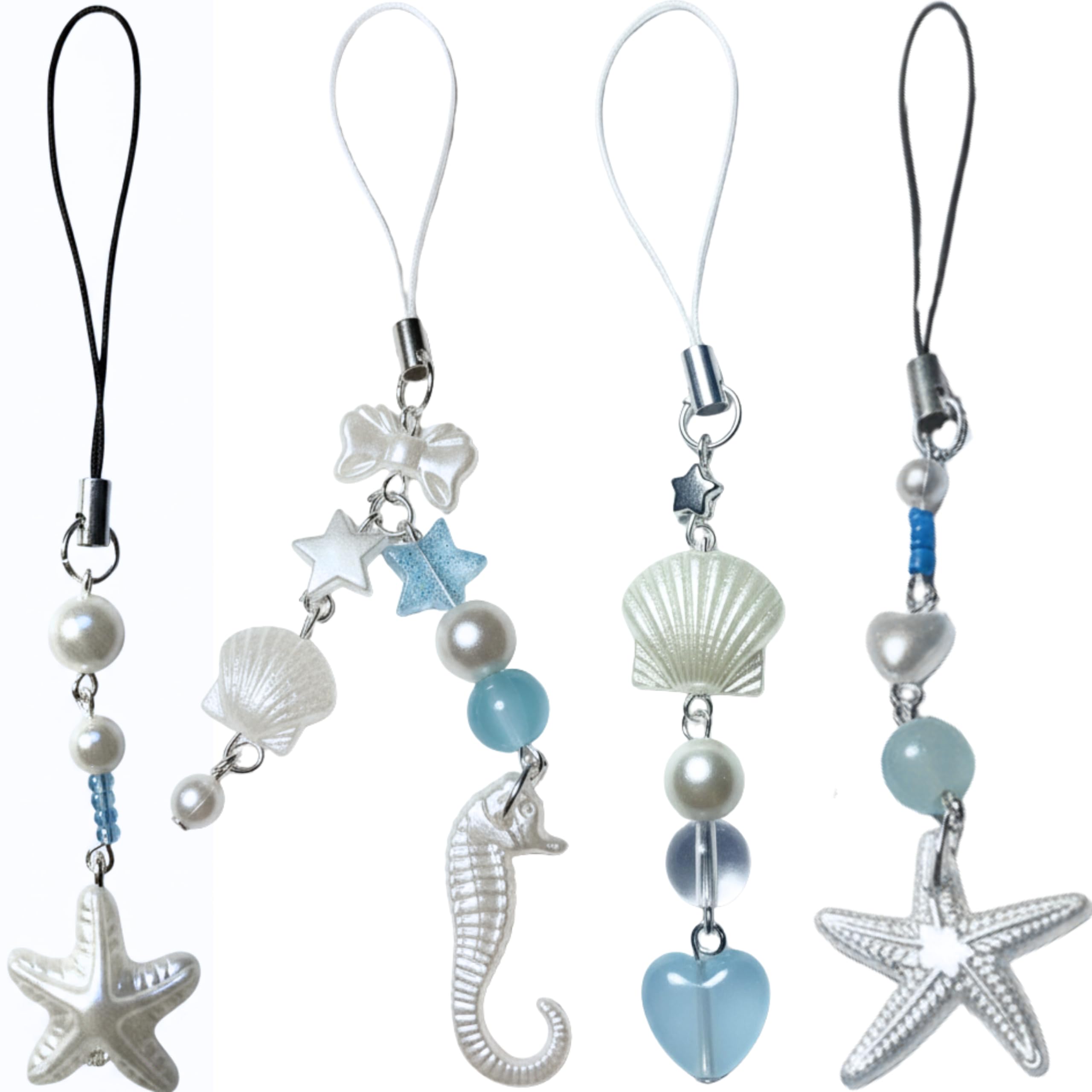 SNOWY SHOP 4pcs Mermaid Princess Seashell Phone Charm – Handmade Beaded Blue Hanging Strap & Keychain | Cute Aesthetic Jewelry Gift for Girls & Women-image-4