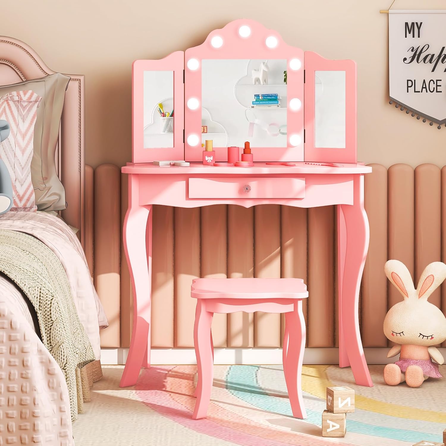 AKUSTIK Kids Vanity with Lights, 2 in 1 Wooden Dressing Table and Chair Set with Tri-Folding Mirror, Stool, Storage Drawer, Toddlers Pretend Princess Beauty Playset Toy Gift for Little Girls