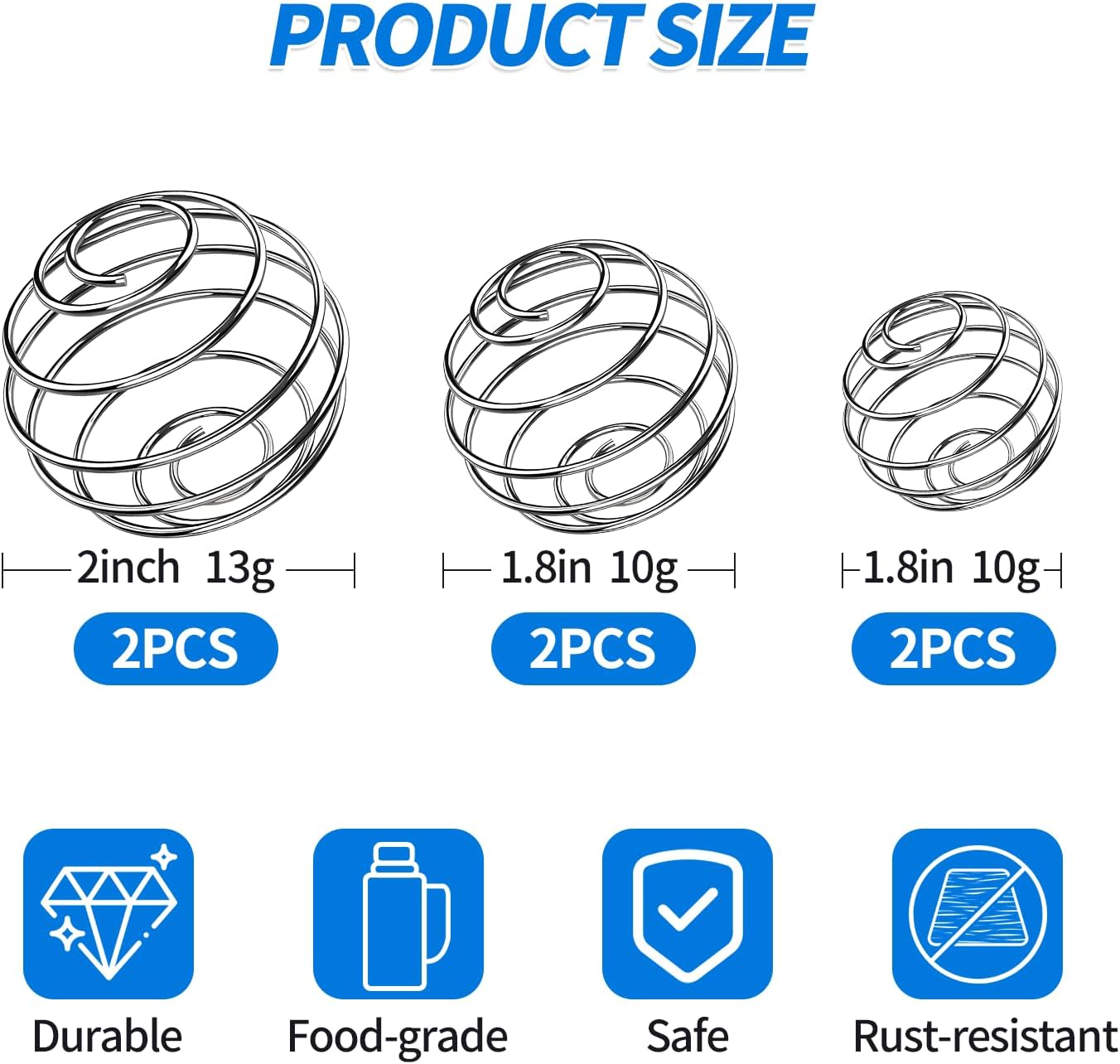 6 PCS Shaker Ball,Large Size 304 Stainless Wire Whisk ball for Mixing Powders,Protein Shakes,Drinks,Shaker Cup Mixer (2 '',1.8'',1.2'') - Image 2