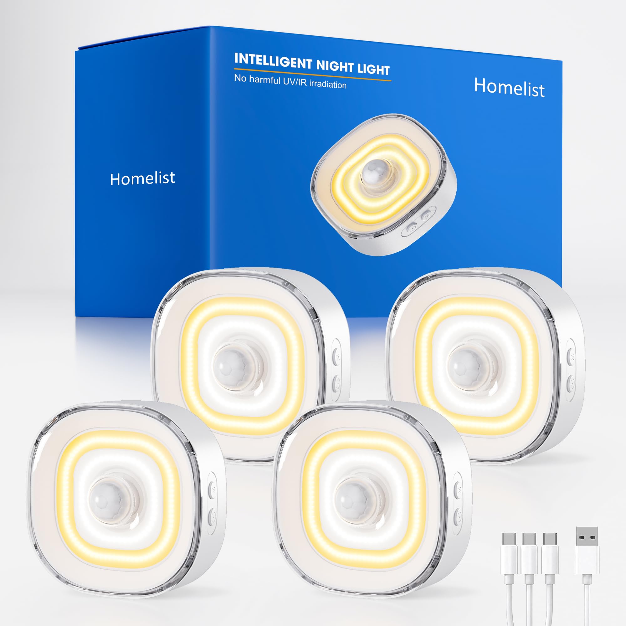 Homelist 68-LED COB Nachtlicht mit Bewegungsmelder, 100lm Dimmbar, Aufladbar, 3 Farben Treppenlicht mit Bewegungsmelder, Unterbauleuchte Küche Led für Treppe, Küche, Flur, Badezimmer, Schrank 4 Stück