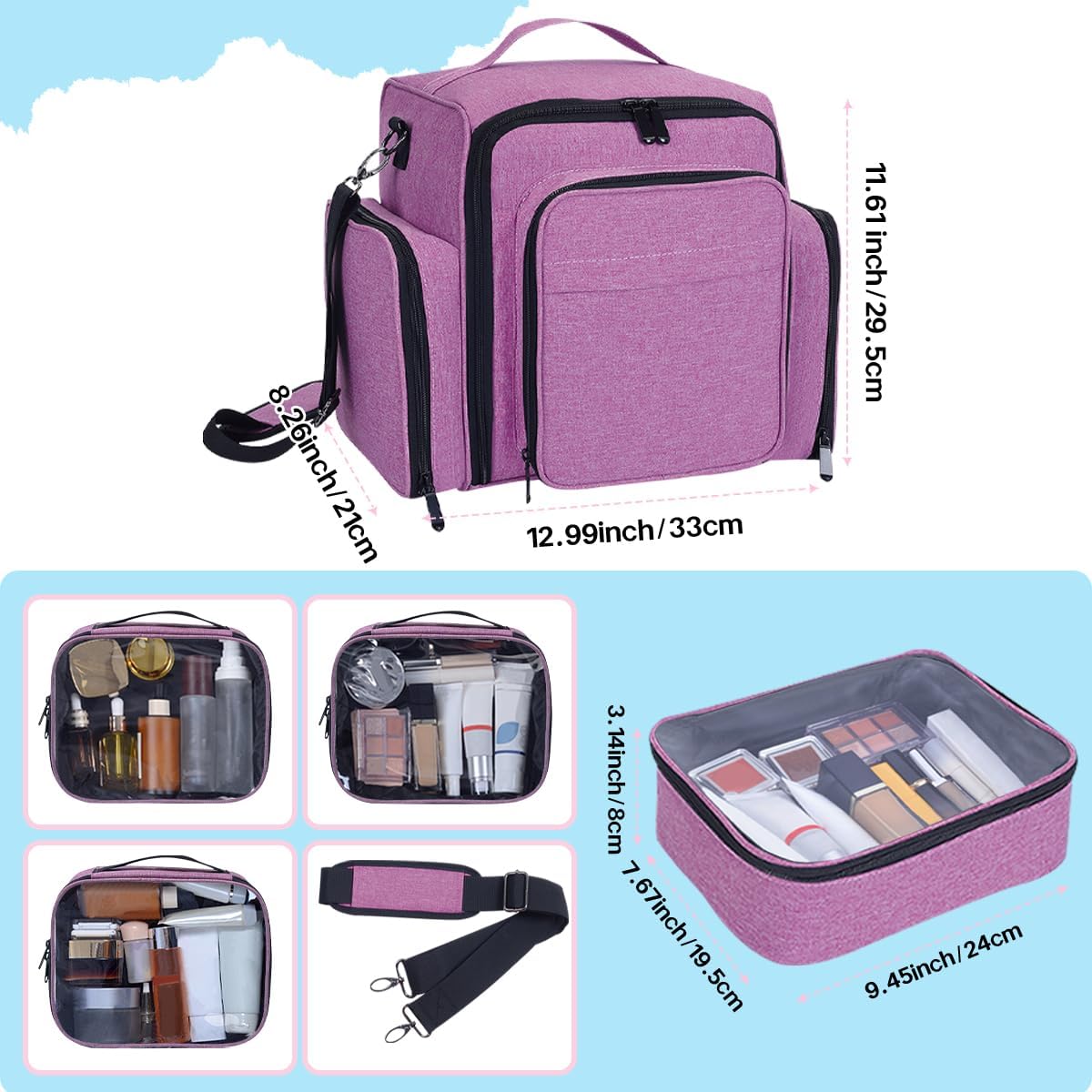 Large Makeup Bag Cosmetic Case Organizer with 3 Inner Removable Pouches Multifunctional Travel Train Storage,Purple