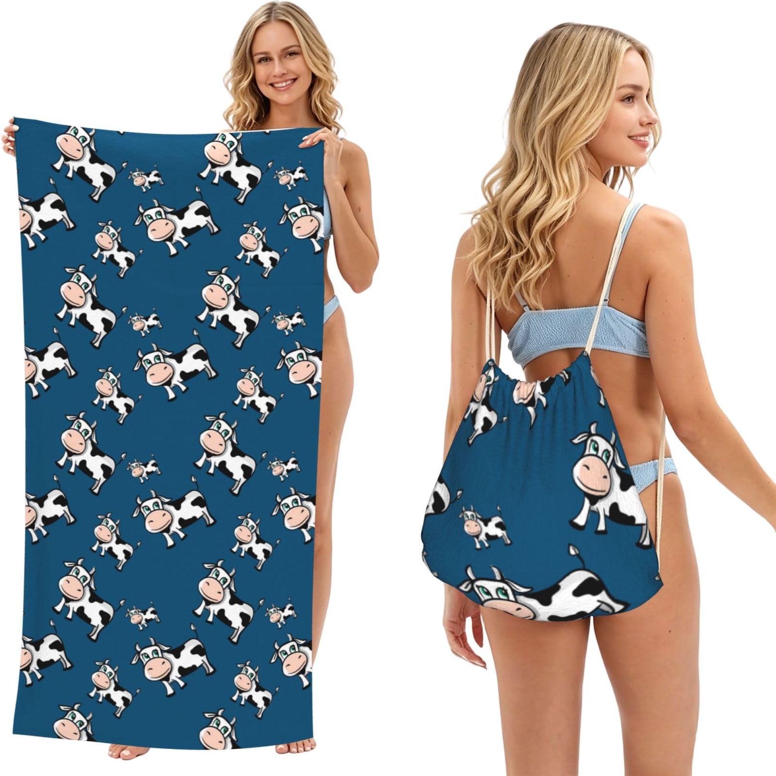 Poadnly As Picture Cows, 2 In 1 Packable Towel Bag, Beach Towels With Drawstring Backpack For Travel Holiday Camping
