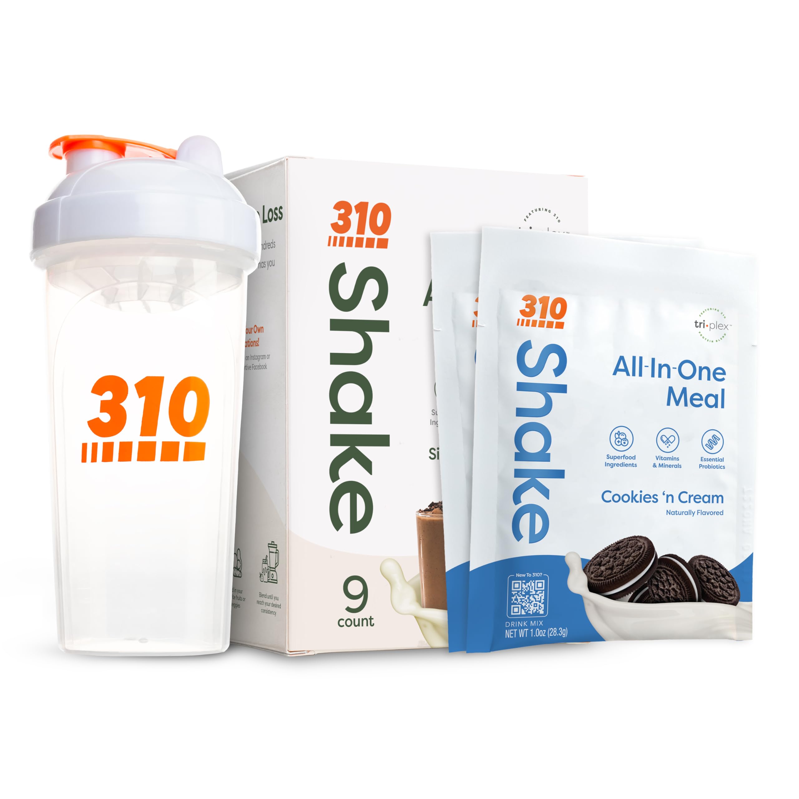 All-in-One Meal Replacement Shake Powder w/ Shaker Cup Starter Kit - High Protein Fiber Rich Vegan Superfood Blend - Sugar-Free, Keto & Paleo Friendly, Low Carb - Cookies & Cream 9 Individual Servings