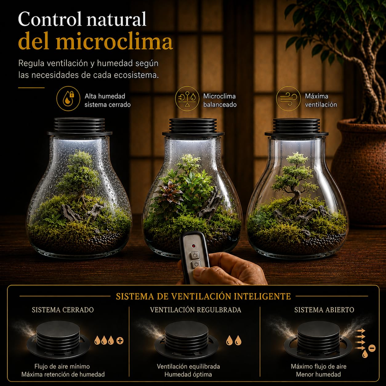 Tapa Smart LED para Terrario 10cm con Ventilación Regulable | Tapa metálica negra con USB, temporizador e intensidad ajustable para terrarios y jardines eternos