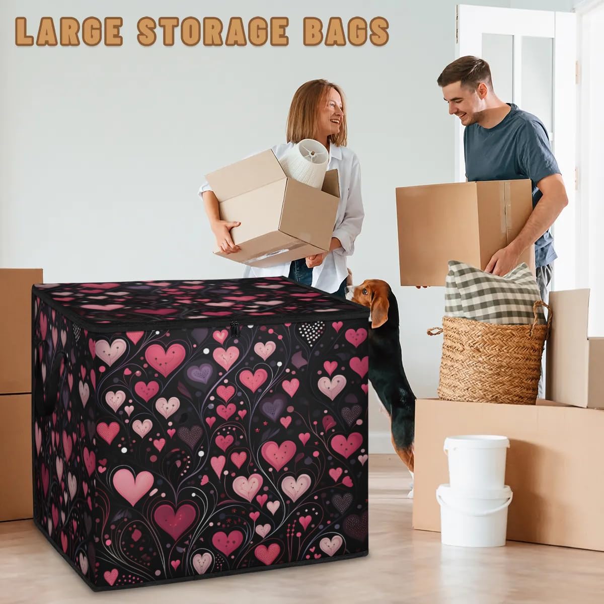 Honeybaby 214L Extra Large Comforter Storage Bag Day Love Valentine Storage Totes with Lids Waterproof Closet Organizer Folding Blanket Storage Bags for Clothes Bedding Pillows