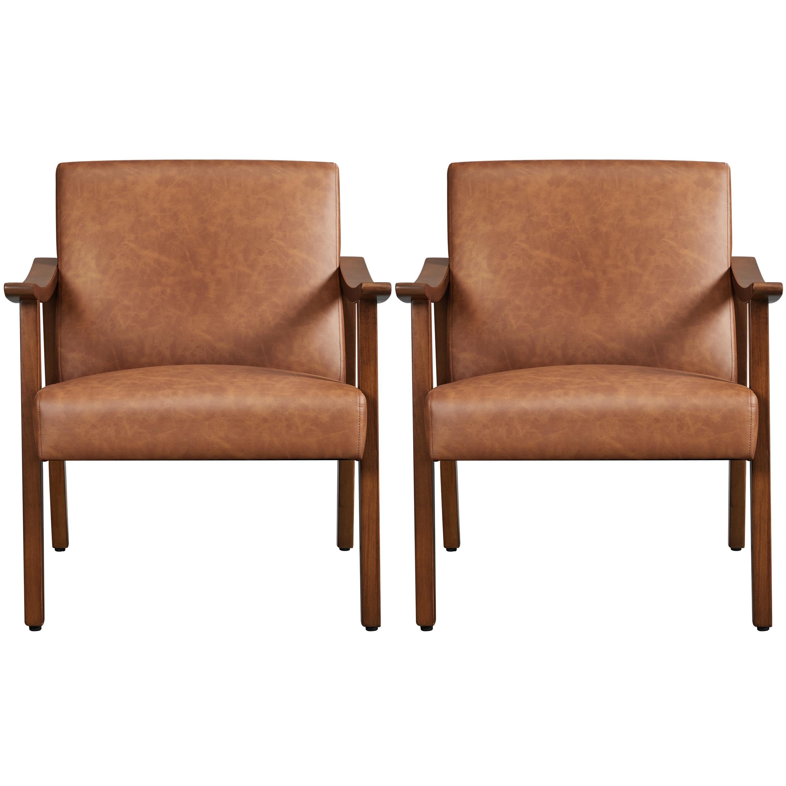 Topeakmart Faux Leather Accent Chair, Mid Century Leisure Chair with Wooden Frame, Modern Barrel Chair for Living Room Bedroom, 2/Brown