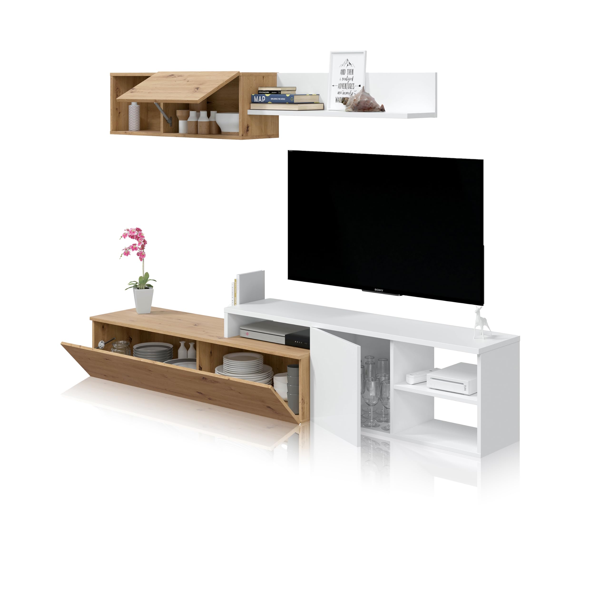 duehome | Conjunto de Salon Reversible, Mueble de Salon, Modulos de Comedor, Modelo Kate, Acabado en Roble Nodi y Blanco Artik, Medidas: 221 cm (Ancho) x 44 cm (Alto) 40 cm (Fondo)
