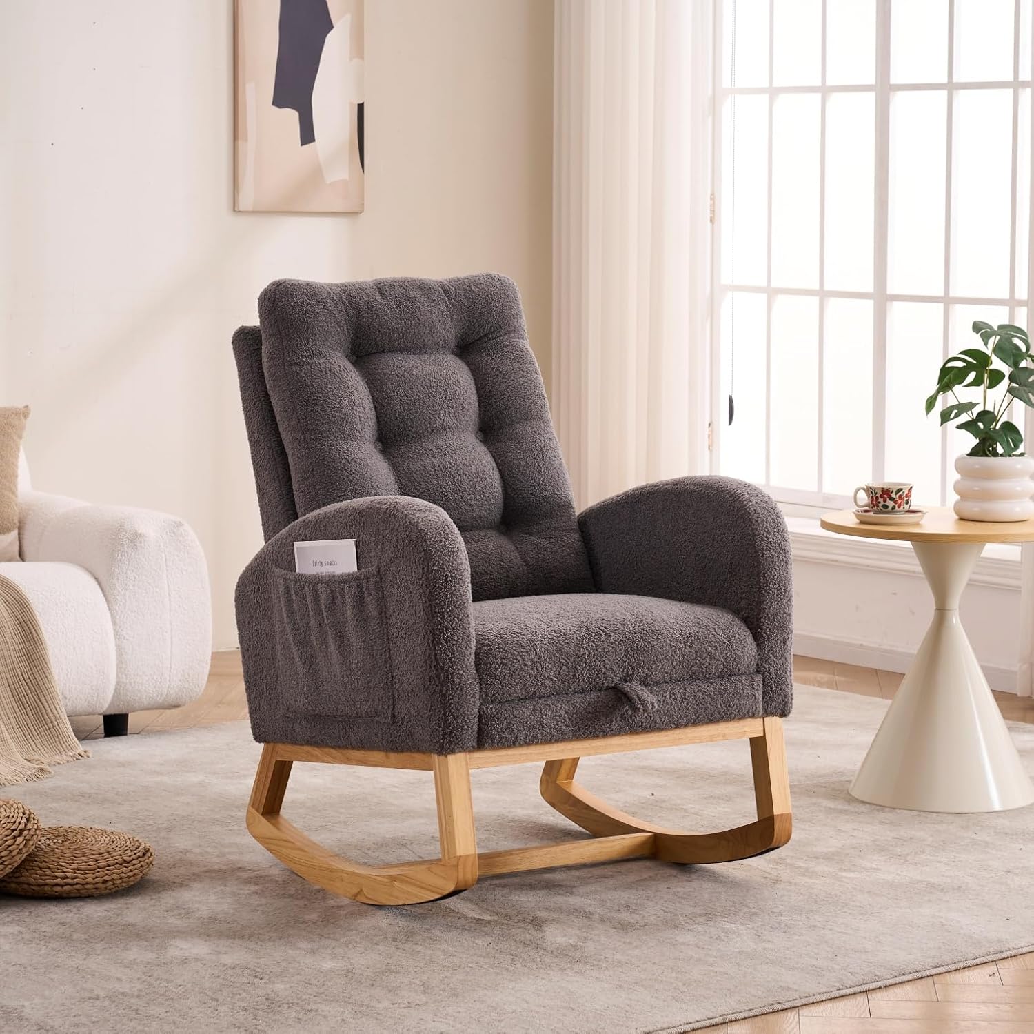 Dark Gray Accent Rocking Chair with Footrest, High Back Upholstered Armchair with Solid Rubber Wood Legs, Modern Rocking Chair for Nursery, Bedroom, 26.77d 38.36w 39.76h