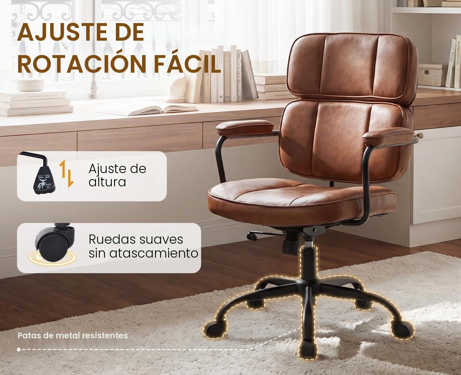 Ya-Home Silla Oficina Silla Escritorio Ergonómico con Ruedas,Marrón | PU Cuero, Respaldo y Altura Ajustable, Ruedas, FACIL DE LIMPIAR, para Estudio/Oficina, MAX 136KG