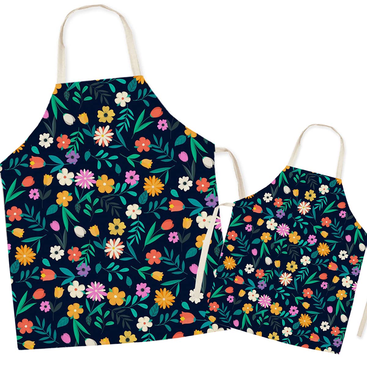 Fomaiself Multicolor Linen Parent And Child Apron, Cute Flowers Pattern Matching Aprons For Mummy Son Daughter, Kitchen Apron For Cooking Baking Painting Party