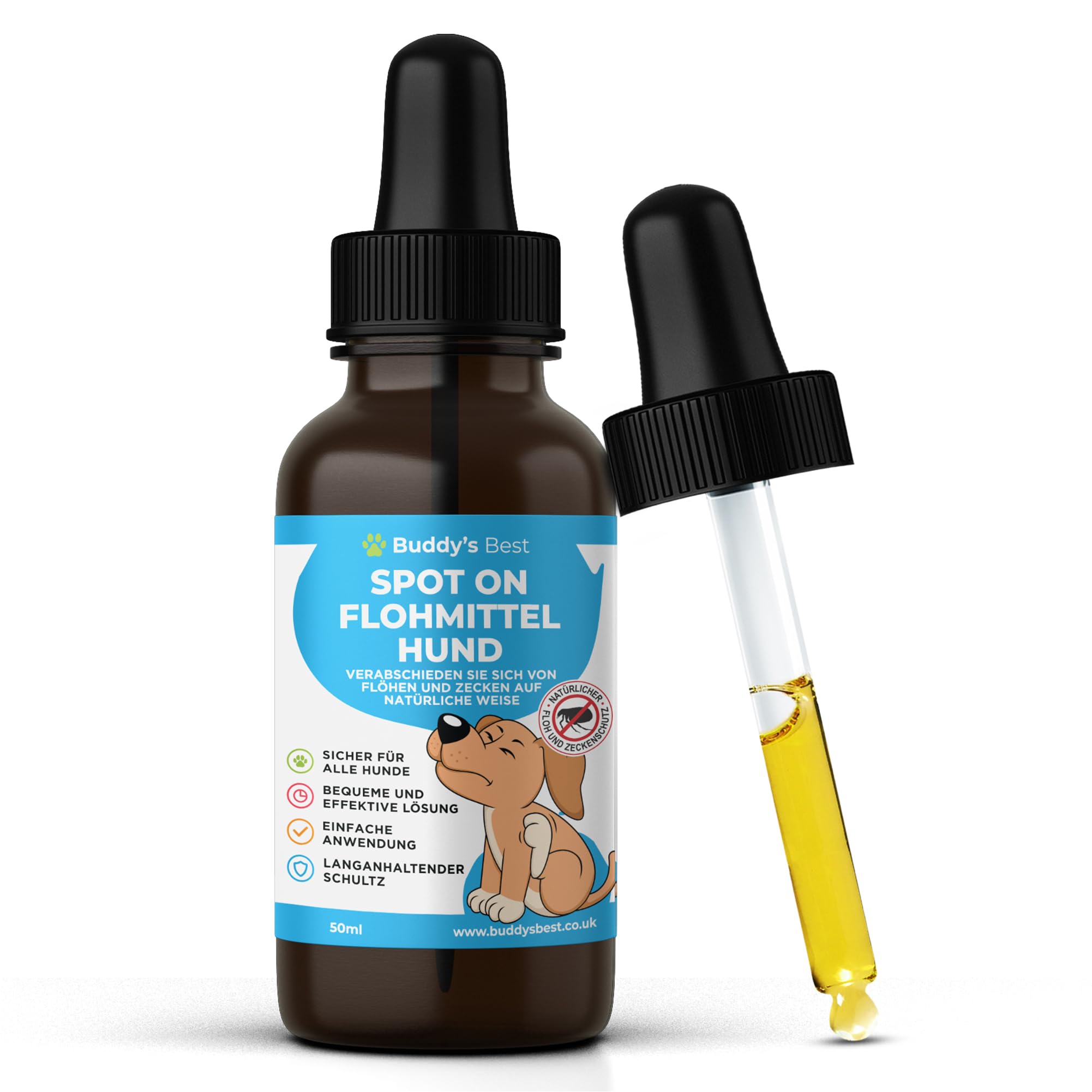 BUDDY'S Best 50ml Spot On Flohmittel Hund Bei Befall - Floh Zeckenschutz Hund - Flöhe Hund - Zeckenmittel Für Hunde - Spot on Hund Anti Floh Hund