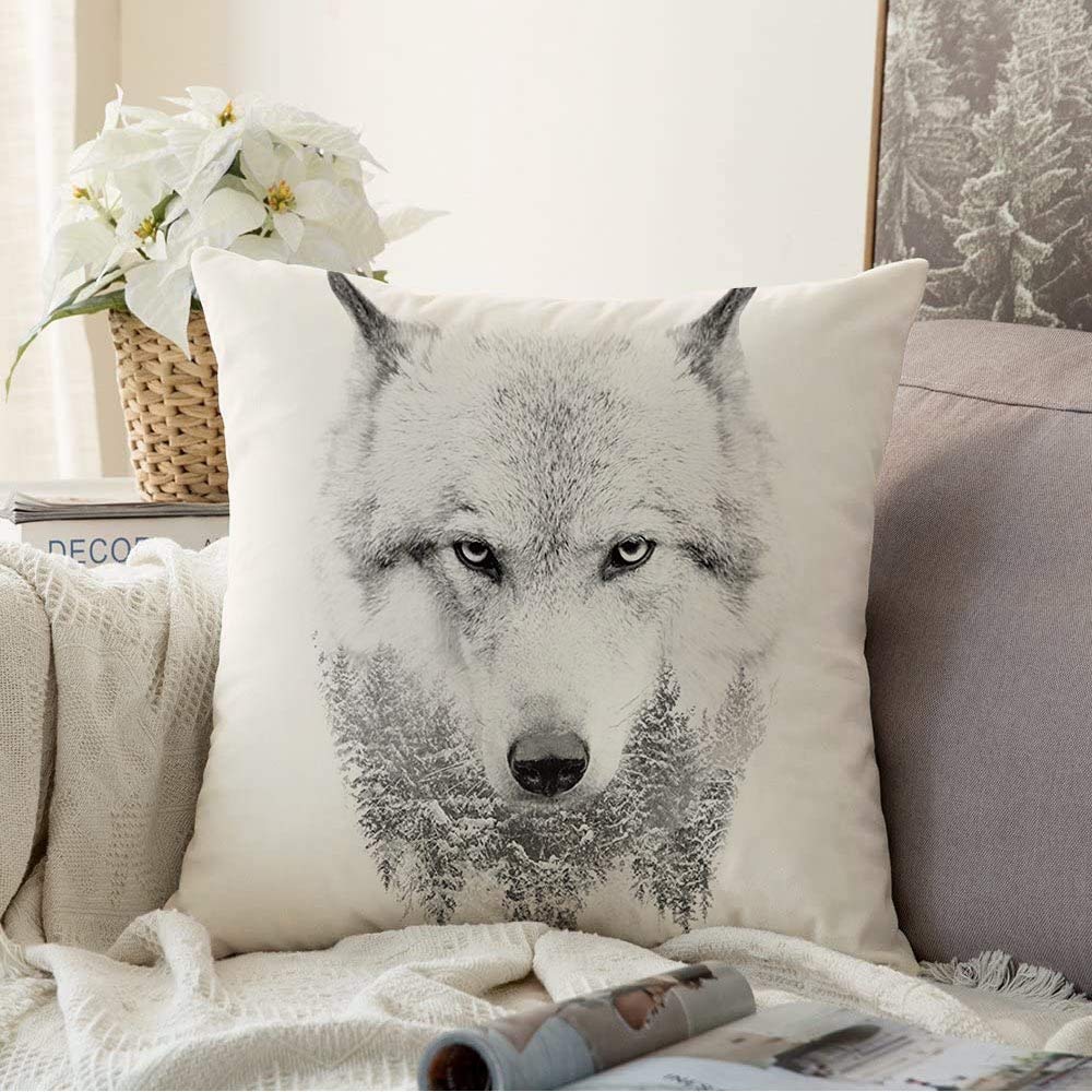 Pillow Covers Gray Wolf Face On White Double Animals Wildlife Green Head Zoo Fang Eye Macro Grey Strength Mammal Decorative Square Throw Pillow Covers 16x16 Inch for Sofa Couch Decoration