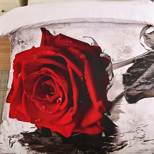 Miniatura 5 de WONGS BEDDING Juego de funda de edredón tamaño King, juego de ropa de cama de 3 piezas con estampado de rosas rojas con 2 fundas de almohada, funda