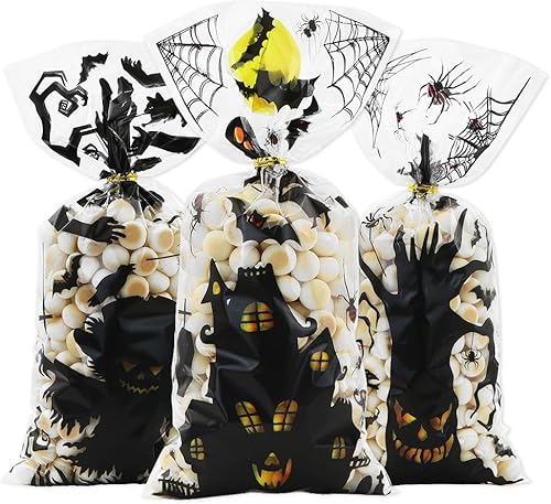 Bolsa de regalo para fiesta de Halloween con lazos giratorios, 100 bolsas de celofán de Halloween, araña, murciélago, fantasma, malvado, dulces,