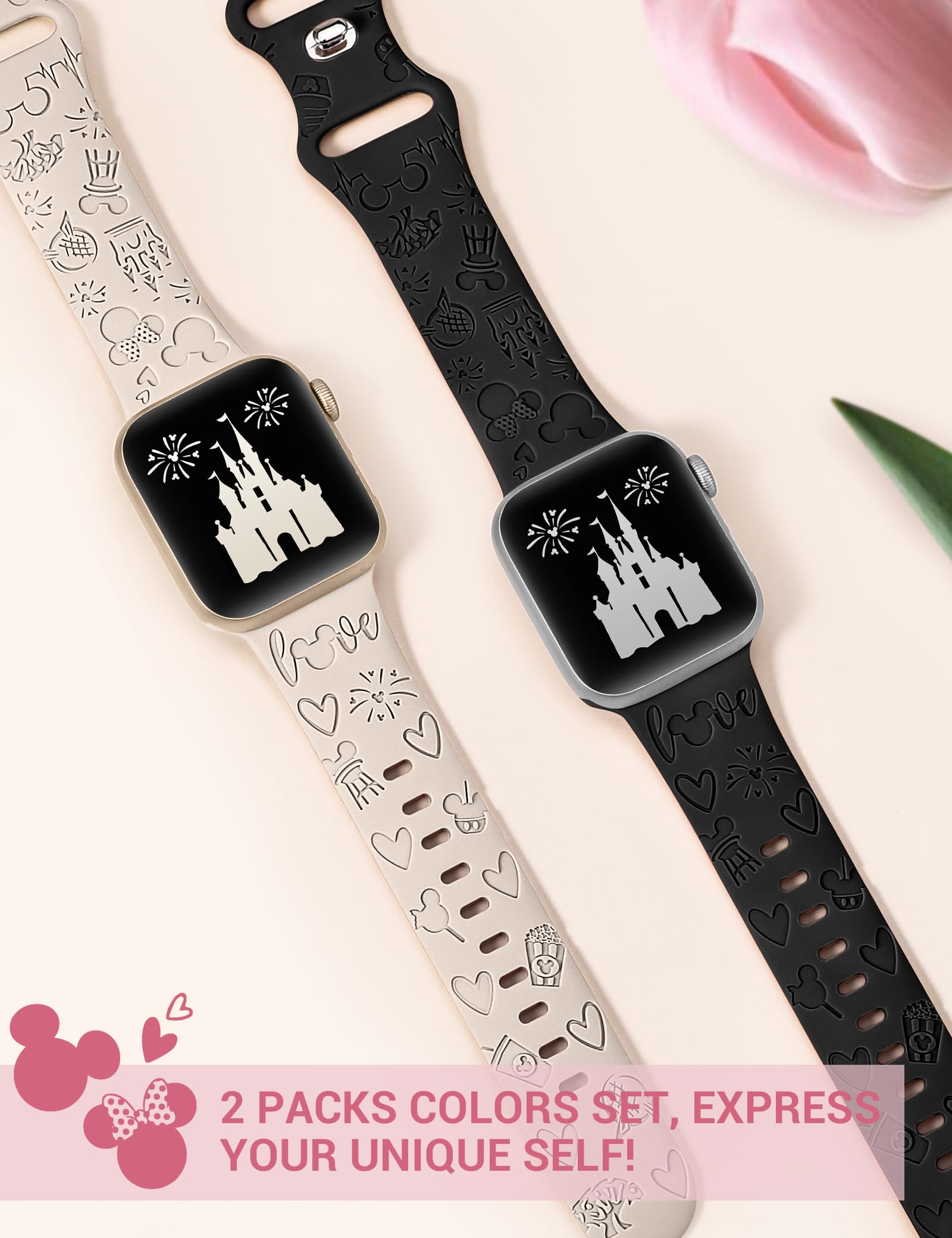 Girovo 2 Packs Cartoon Engraved Bands Compatible with Apple Watch 41/40/38/42/45/44/46/49mm Women Men, Soft Silicone Cute Anime Designer Strap for iWatch Ultra/Ultra 2 Series 10/9/8/7/SE/6/5/4/3/2/1