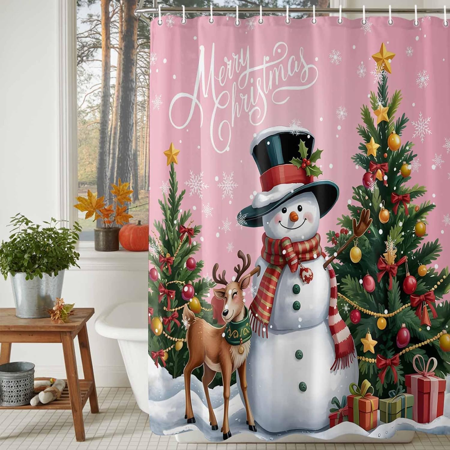DecorLovee Pink Christmas Shower Curtain, Elk Snowman Waterproof Shower Curtains for Bathroom, Xmas Tree Snowflake Washable Fabric Bathtub Curtain Set Bath Decor with 12 Hooks Extra Long 72"x96"