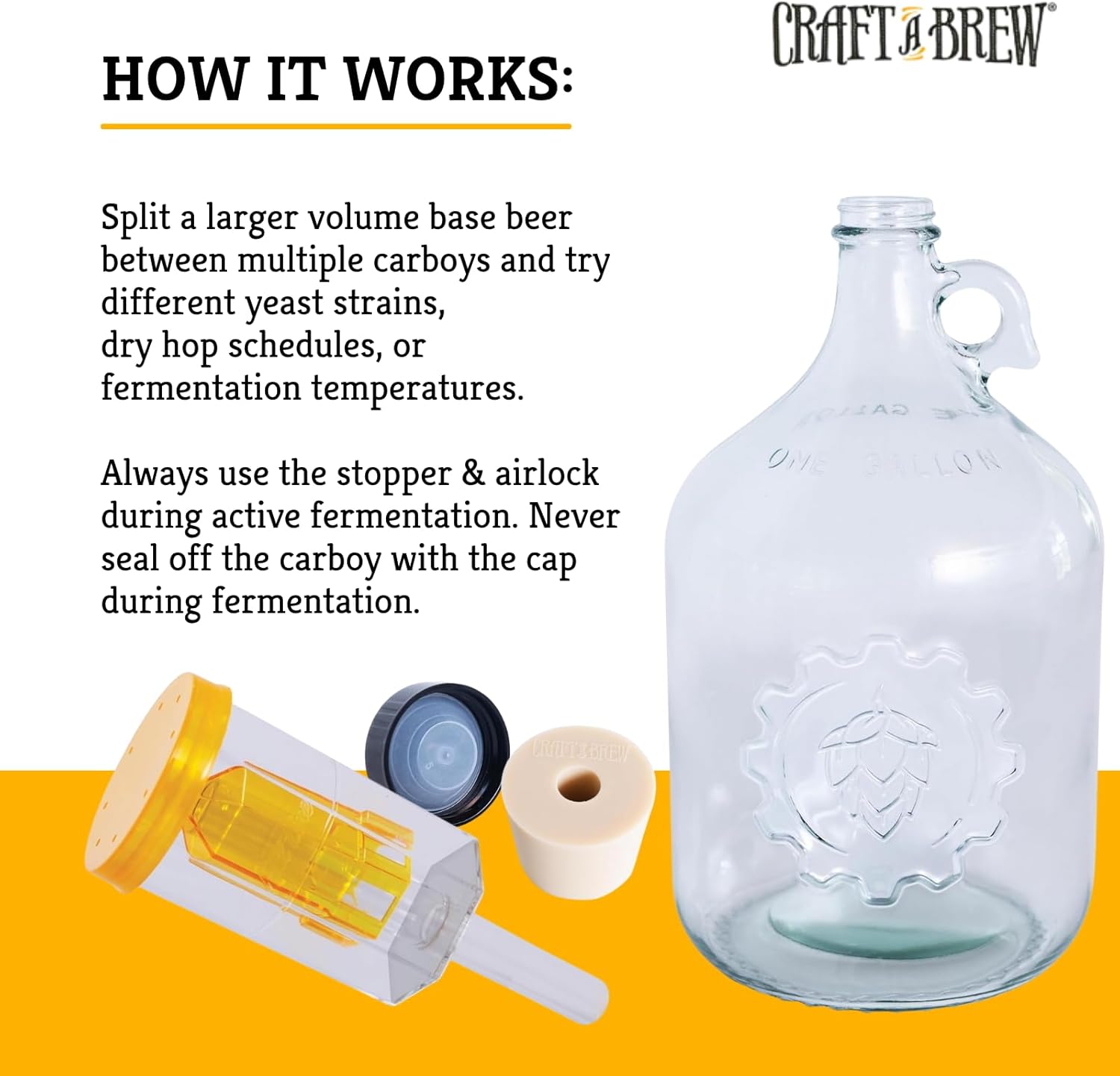 Craft A Brew - 1 Gallon Beer Brewing Jug - With Cap, Rubber Stopper & 3-Piece Airlock - For At-Home Beer Brewing - Increase Output - Extra Fermenting Supplies - Ideal for 1 Gallon Batches