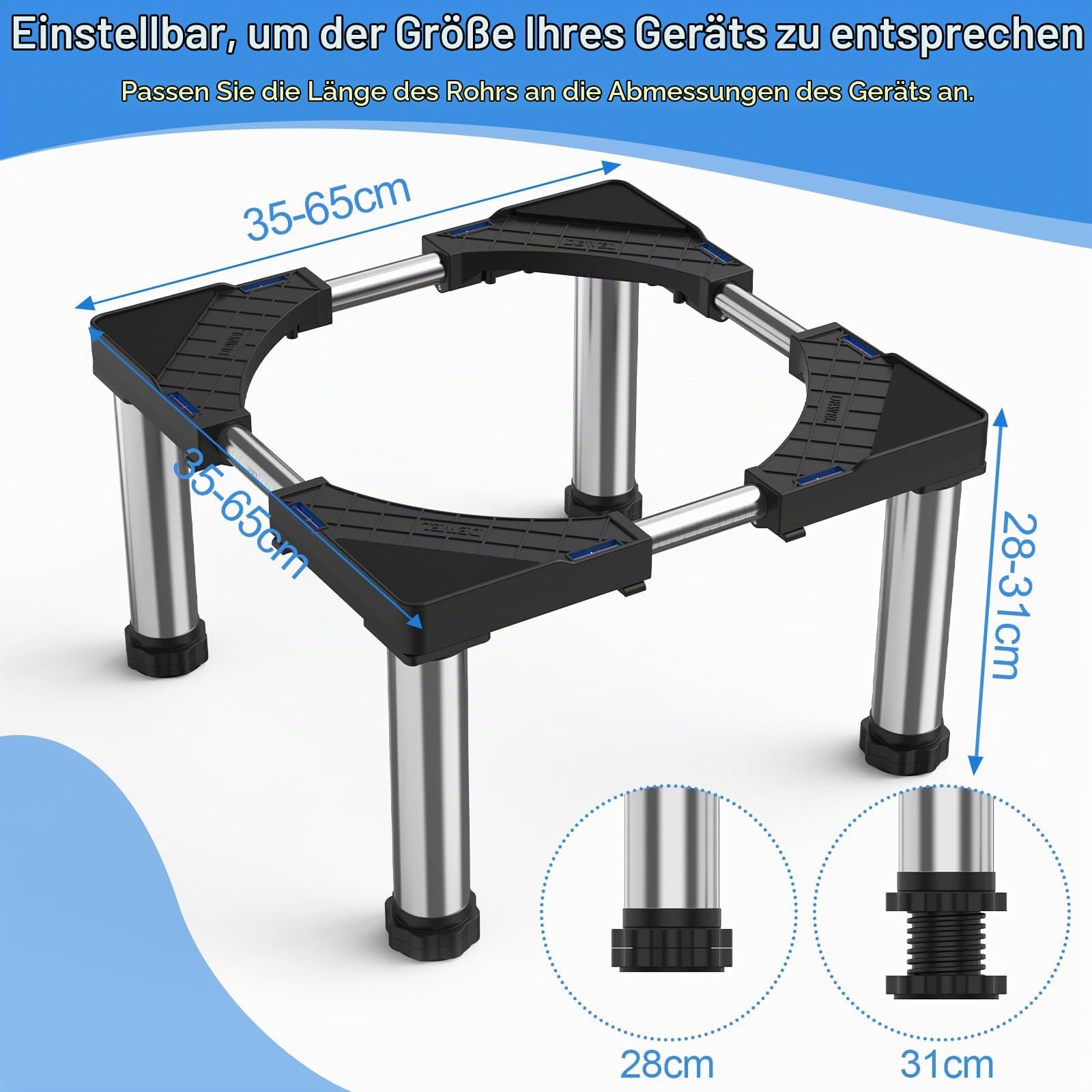 Untergestell für Mini Kühlschrank Höhe 28-31 cm, 43-66 cm Verstellbares Waschmaschinenständer Podeste für Trockner, Kühlschrank und Statische Haushalts Geräte, Schwarz
