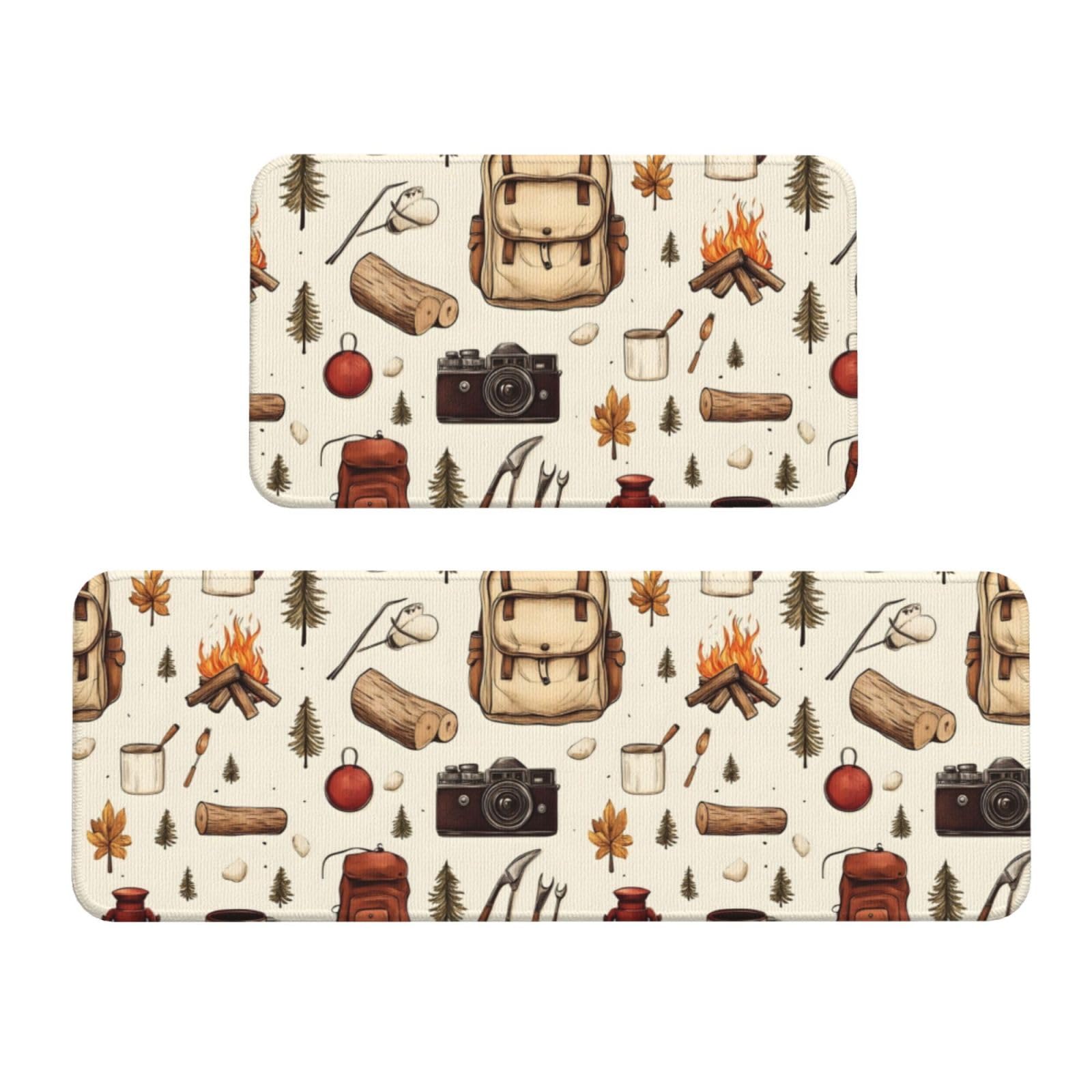 GVYGVY Antifatigue Kitchen Mats for Floor 2 Piece - Camping Tools Print Kitchen Rugs Washable, Non Slip Runner Rug Standing Mat for Office/Bathroom/Laundry/Home Decor and Accessories