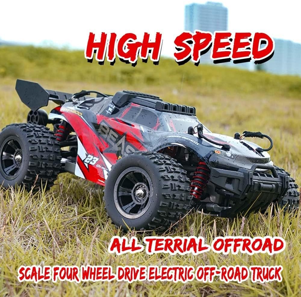 Zdalnie sterowany samochód dla dorosłych 1/18, z plecakiem, 60 km/h, 4WD Off Road Race Buggy, bezszczotkowy silnik RC, wysoka prędkość, samochód wyścigowy, 3 baterie (czerwony)