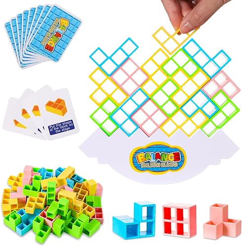 SAVITA Juego de 48 bloques de equilibrio de torre Tetra, juego de apilamiento de bloques de equilibrio, juegos de mesa para niños y adultos, juegos
