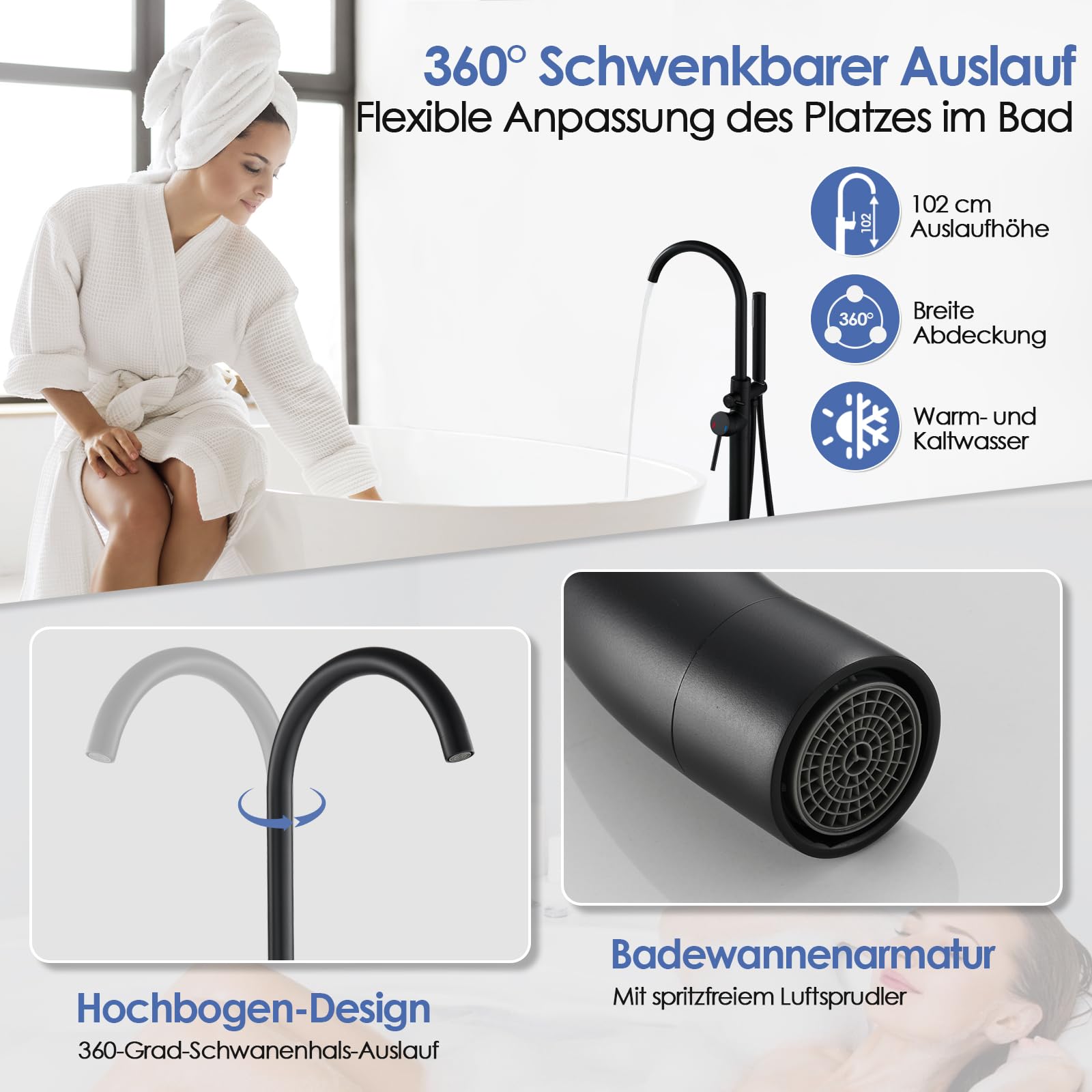 ROVOGO Ganzmetall Freistehende Badewannenarmatur Schwarz mit Handbrause, 360° Schwenkbar Messing Wannenarmatur mit Brause für Freistehende Badewanne, Bodenmontage, Einhebelmischer Armatur Badewanne