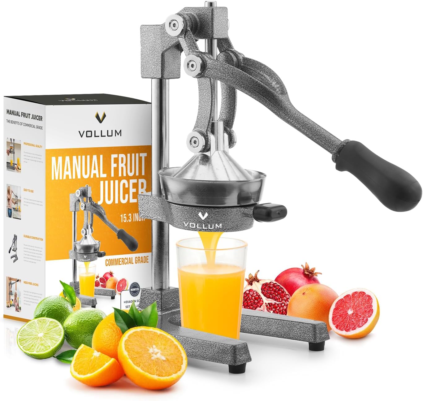 Vollum Hand Press Manual Citrus Juicer - citrus squeezer Commercial Grade Home Orange juice Squeezer for Oranges, Lemons, Limes - Stainless Steel and Cast Iron Non-skid Suction Cup Base- 15 Inch, Gray