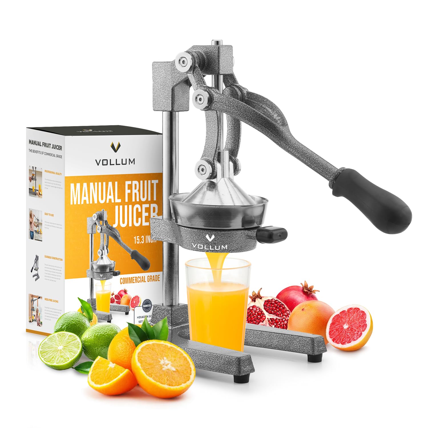 Vollum Hand Press Manual Citrus Juicer - citrus squeezer Commercial Grade Home Orange juice Squeezer for Oranges, Lemons, Limes - Stainless Steel and Cast Iron Non-skid Suction Cup Base- 15 Inch, Gray