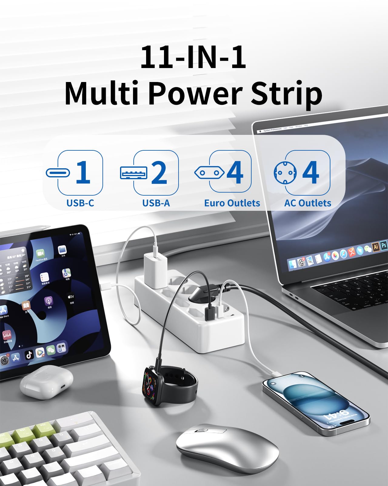 Ciabatta Elettrica Multipresa USB, 8 prese di Corrente e 3 USB, Striscia di Alimentazione Protetta da Sovratensione, presa di da 3 M con Interruttore per Scrivania, Ufficio, Casa, Bianca F(Schuko)