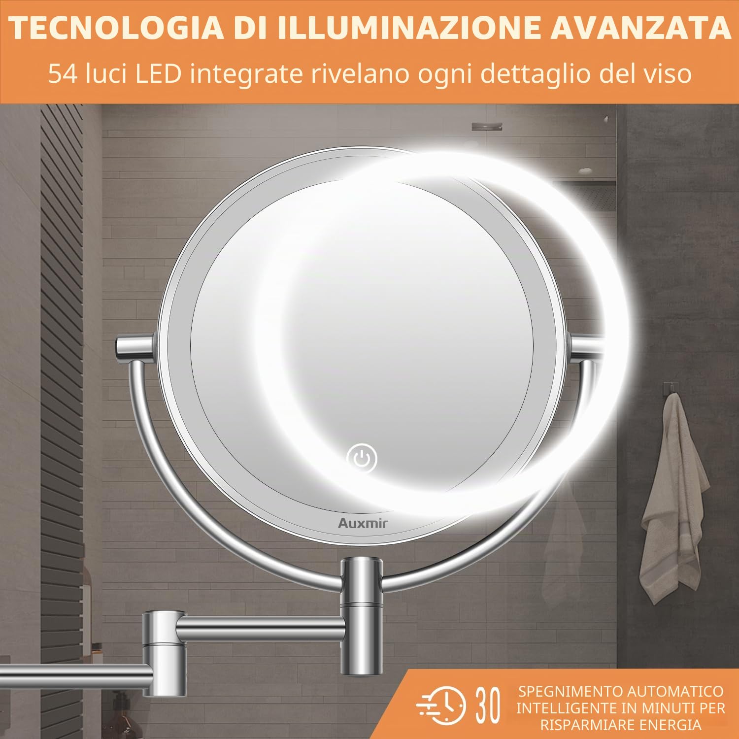Auxmir Specchio da Parete, Ingrandimento 1X/30X, Specchio Trucco con Luci a 3 colori, Luminosità Regolabile, Specchio Bagno, Girevole a 360°, Alimentatore a Spina, Spegnimento Automatico, per Bagno